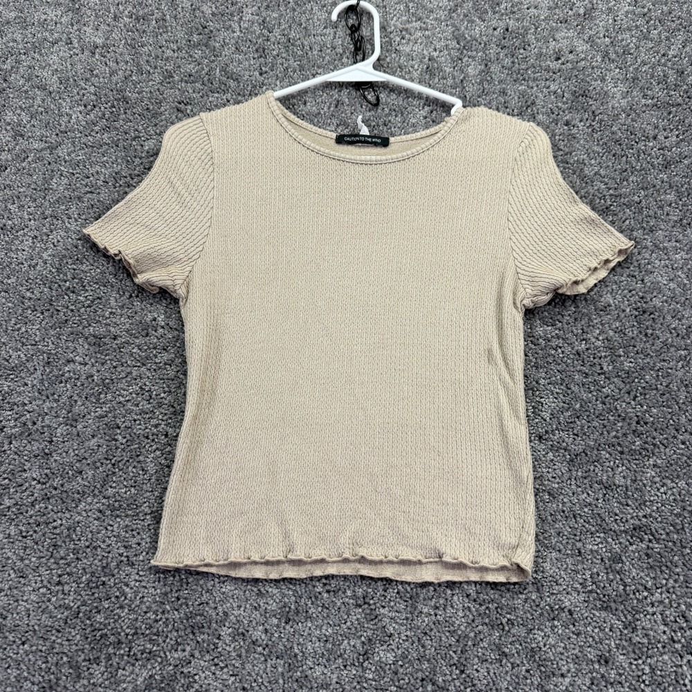 Caution To The Wind Top Womens L Beige Ribbed Lettuce Trim Short Sleeve